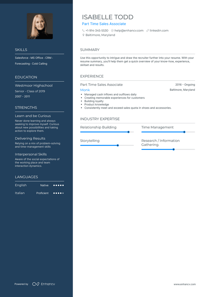 part time sales associate resume example