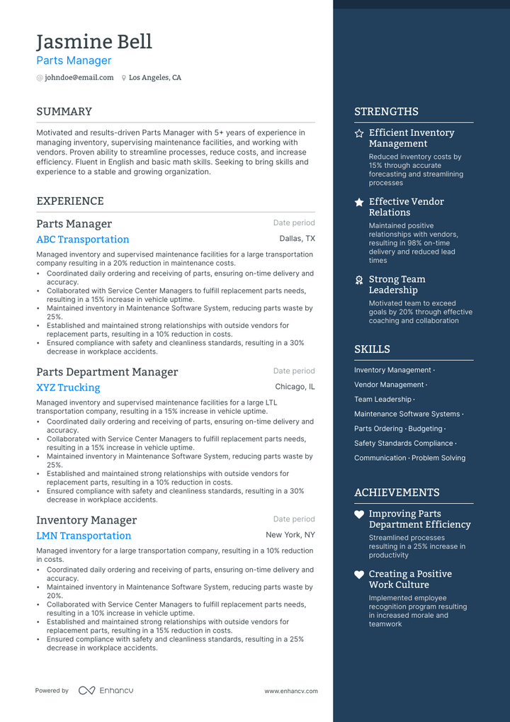 parts manager resume example