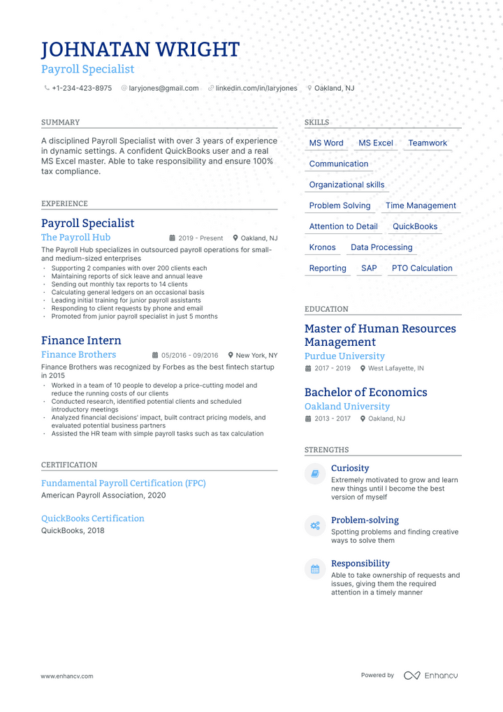 payroll resume example