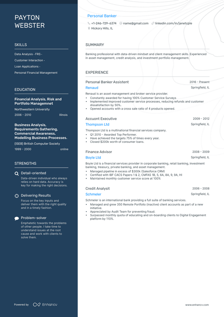 personal banker resume example