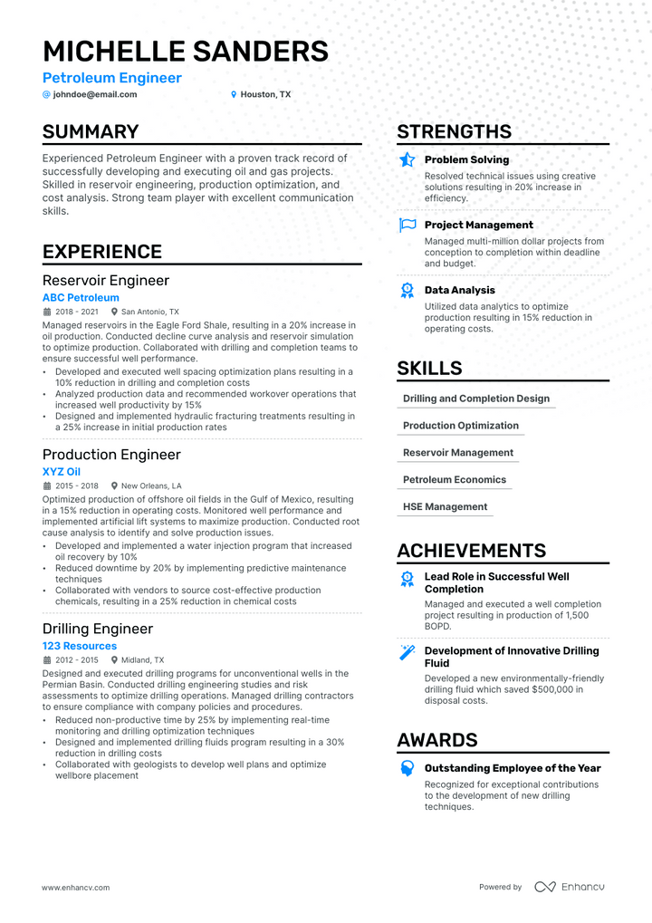petroleum engineer resume example