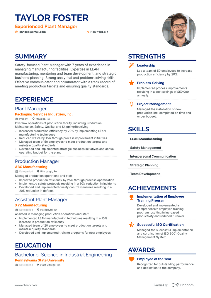 plant manager resume example