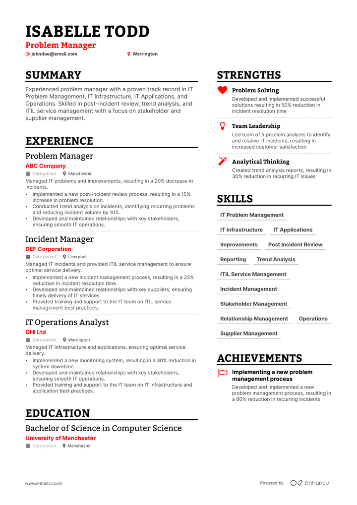 problem manager resume example