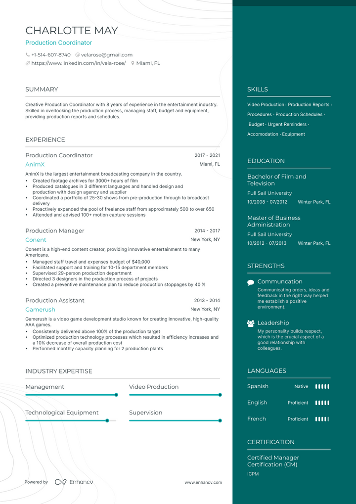 production coordinator resume example