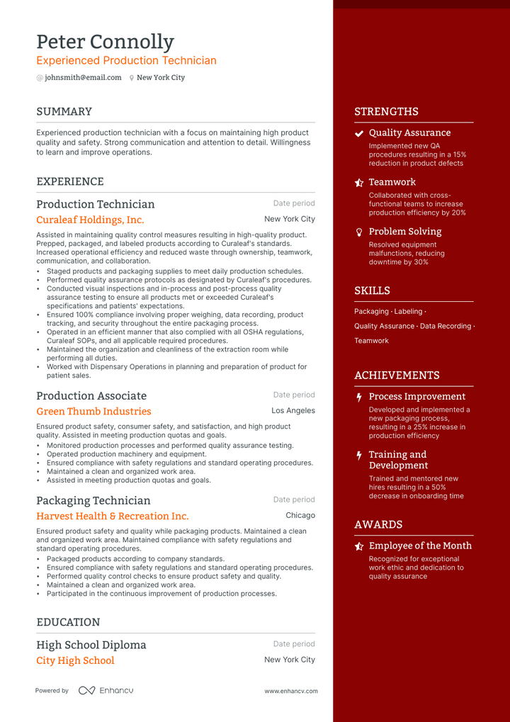 production technician resume example