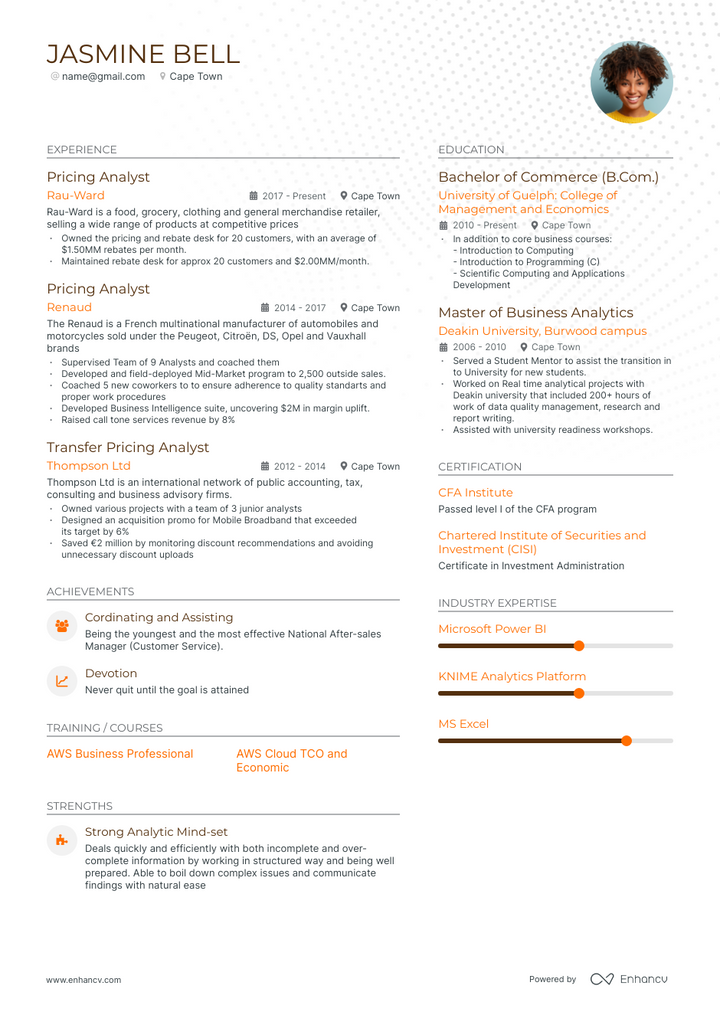 pricing analyst resume example