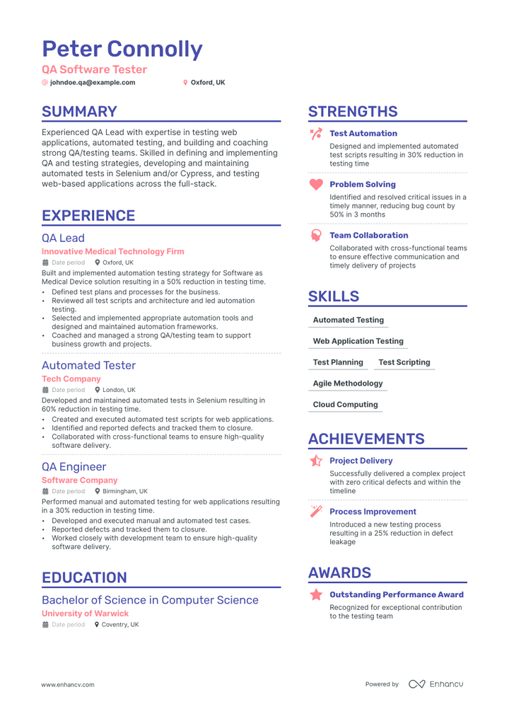 qa software tester resume example
