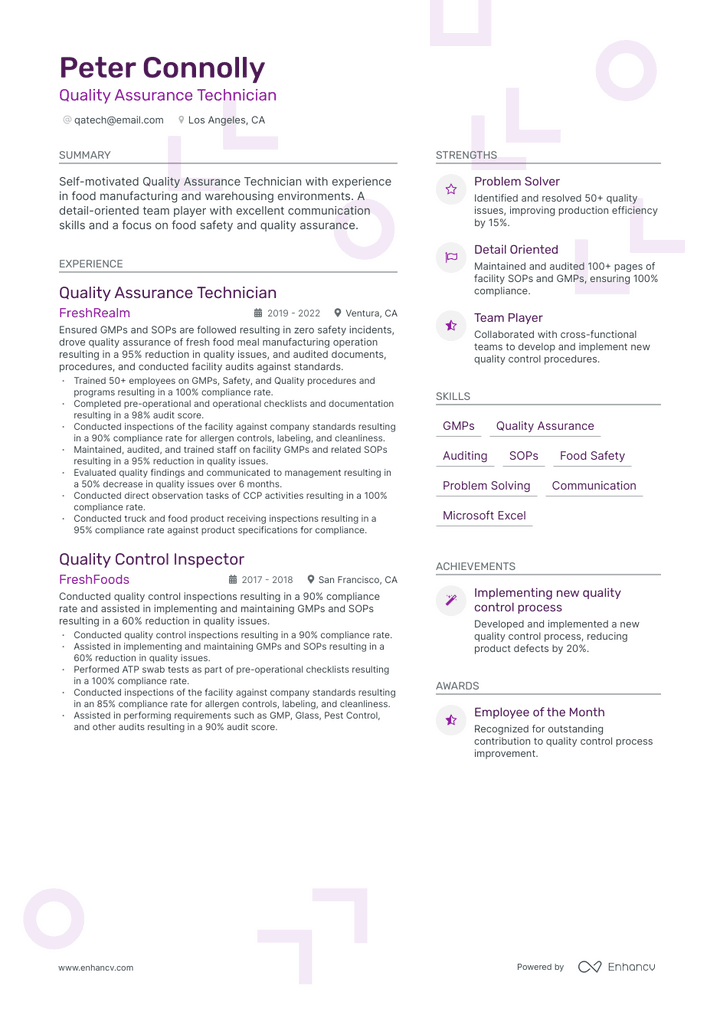 quality assurance technician resume example