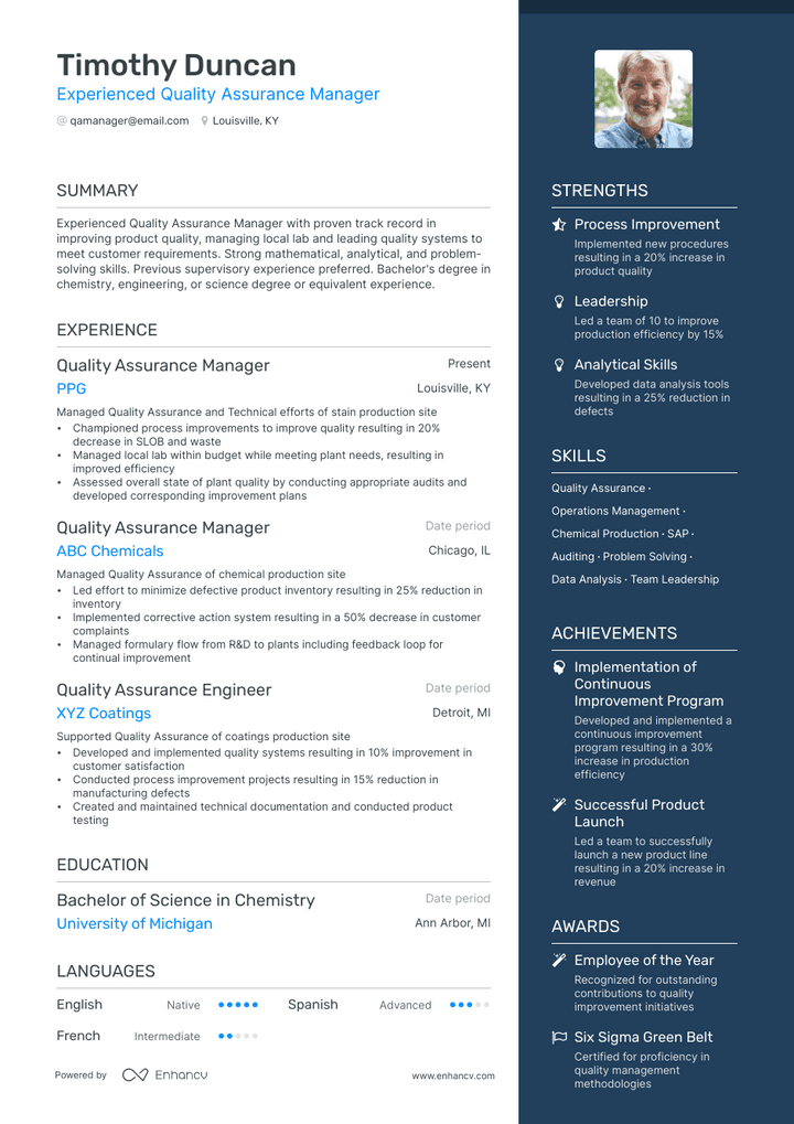 quality assurance manager resume example