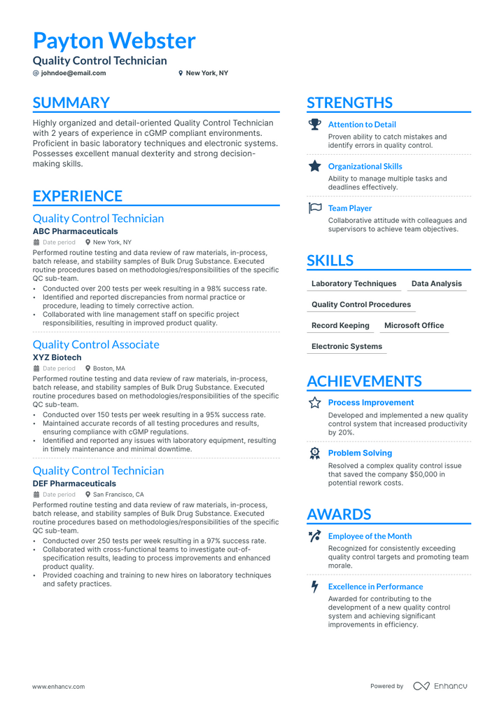 5 Quality Control Technician Resume Examples & Guide for 2023