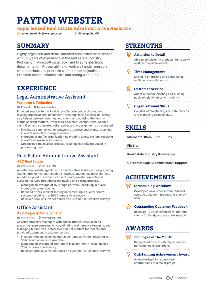 real estate administrative assistant resume example