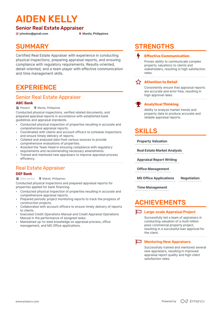 real estate appraiser resume example