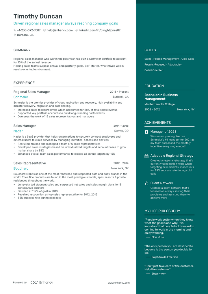 regional sales manager resume example