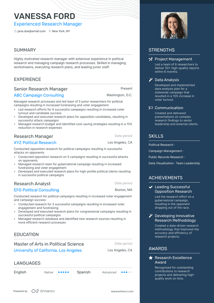research manager resume example