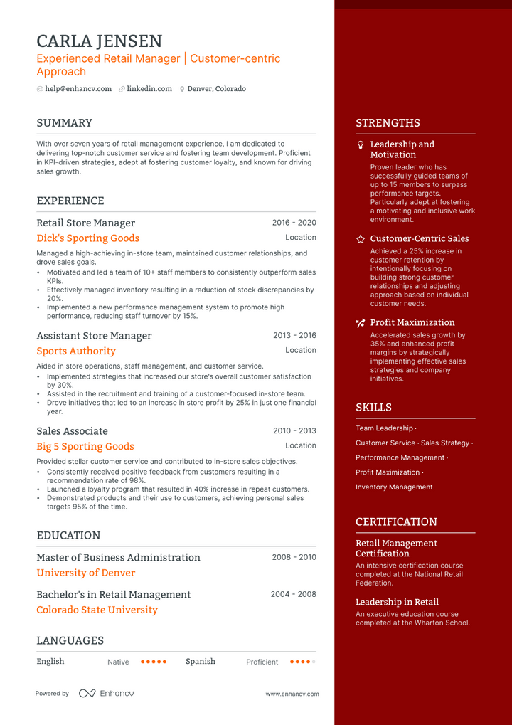retail assistant manager resume example