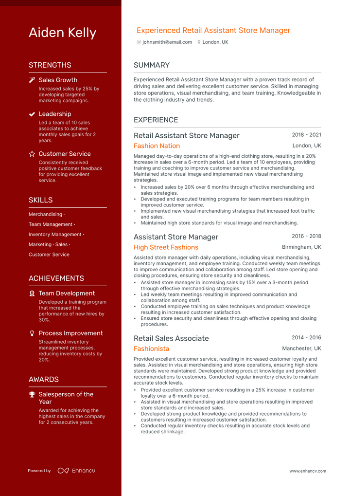 retail assistant store manager resume example