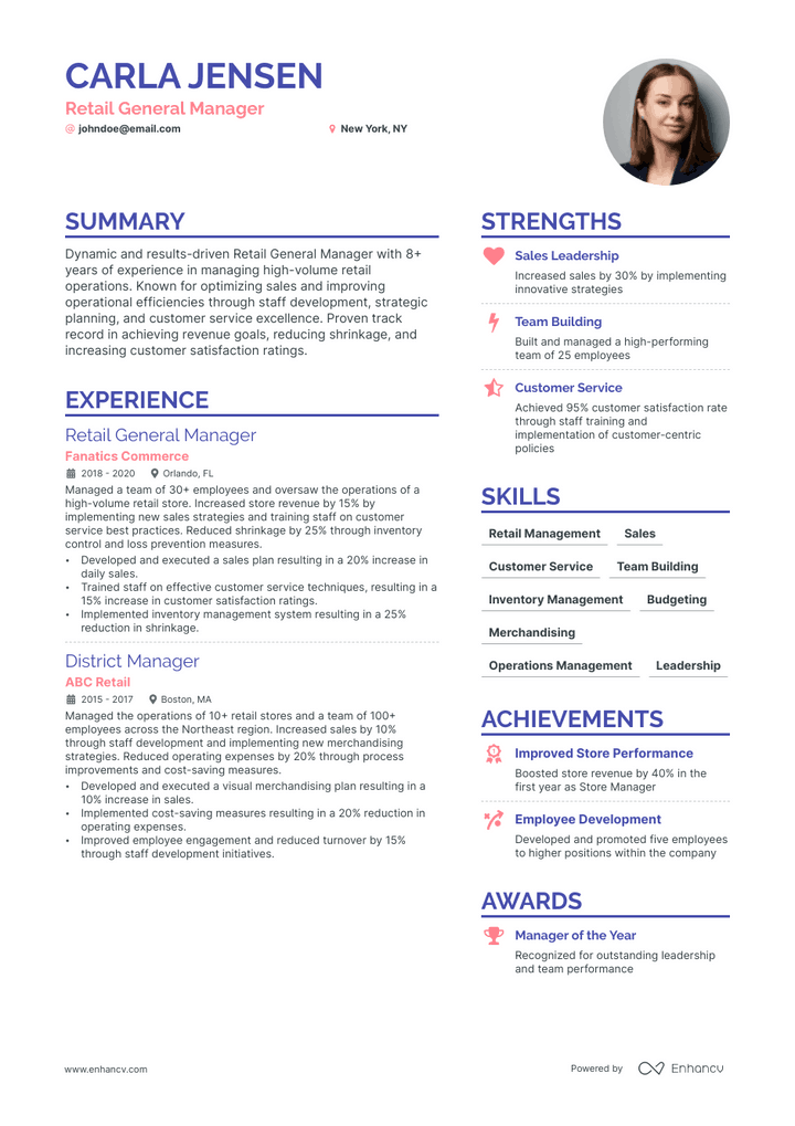 retail general manager resume example
