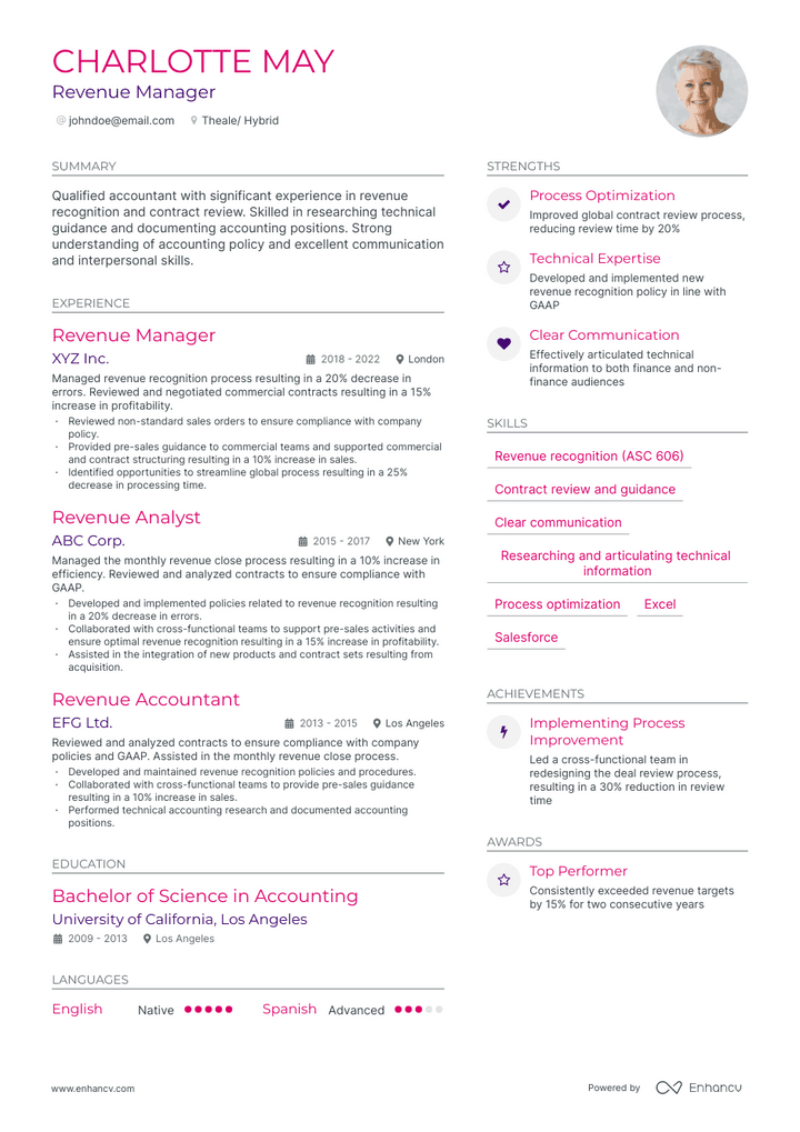 revenue manager resume example