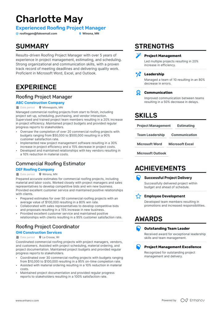 roofing project manager resume example