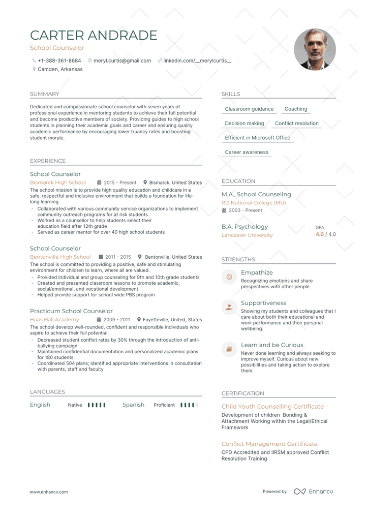 school counselor resume example