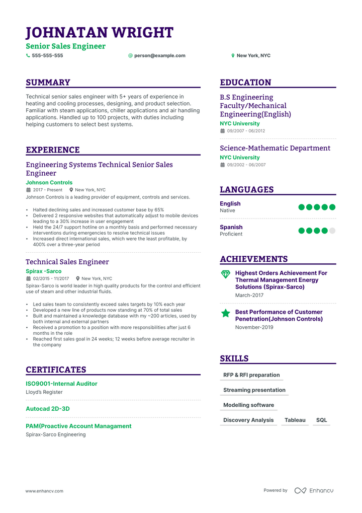 sales engineer resume example