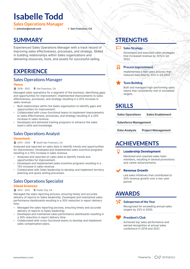 sales operations manager resume example
