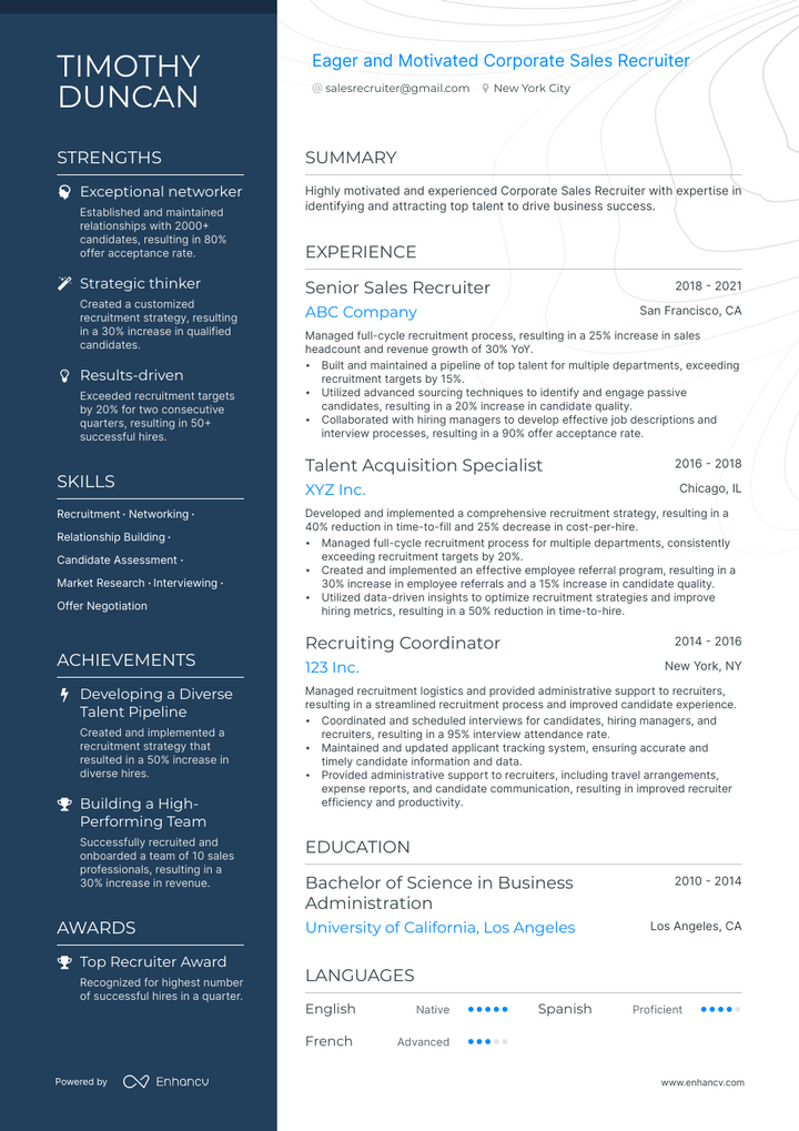 sales recruiter resume example