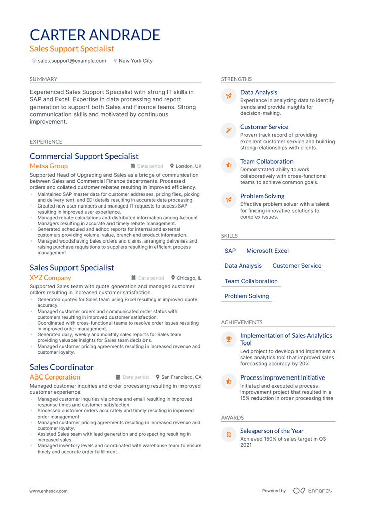 sales support specialist resume example