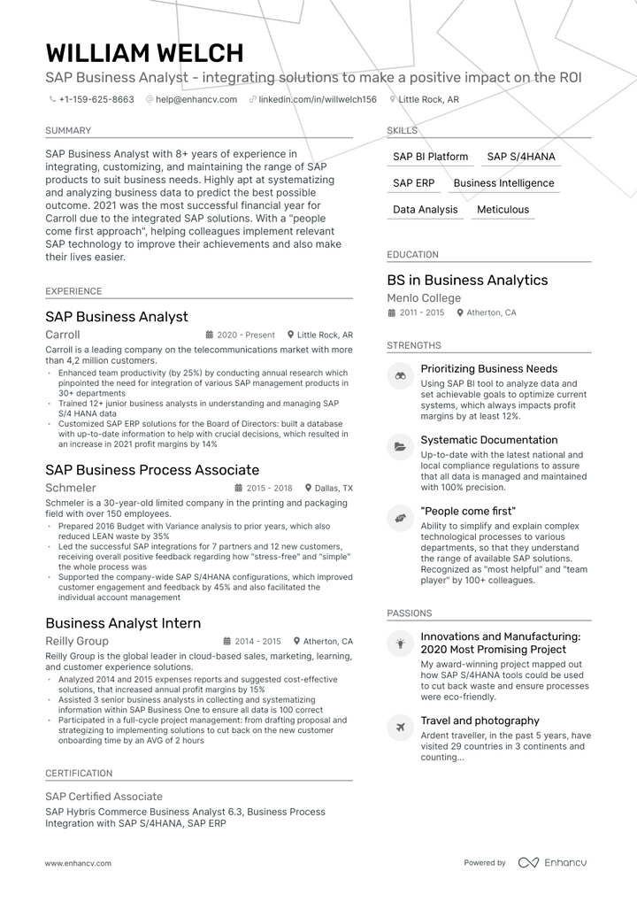 sap business analyst resume example