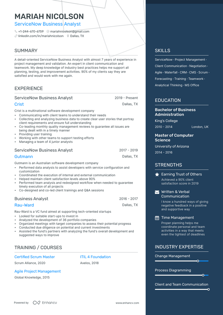 servicenow business analyst resume example