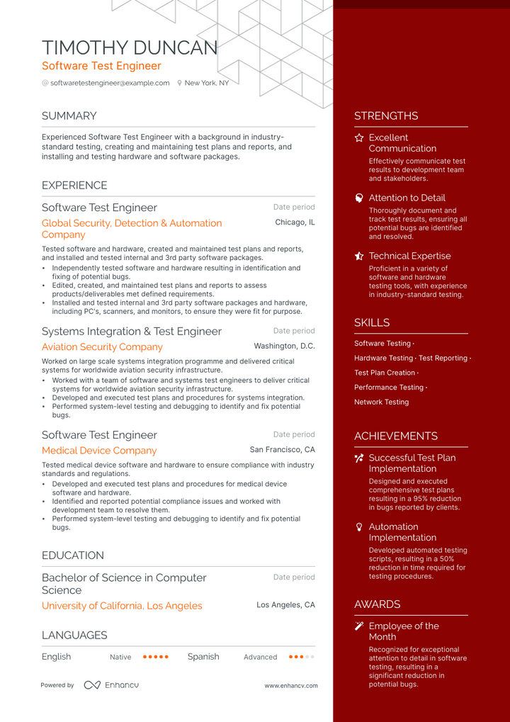 software test engineer resume example