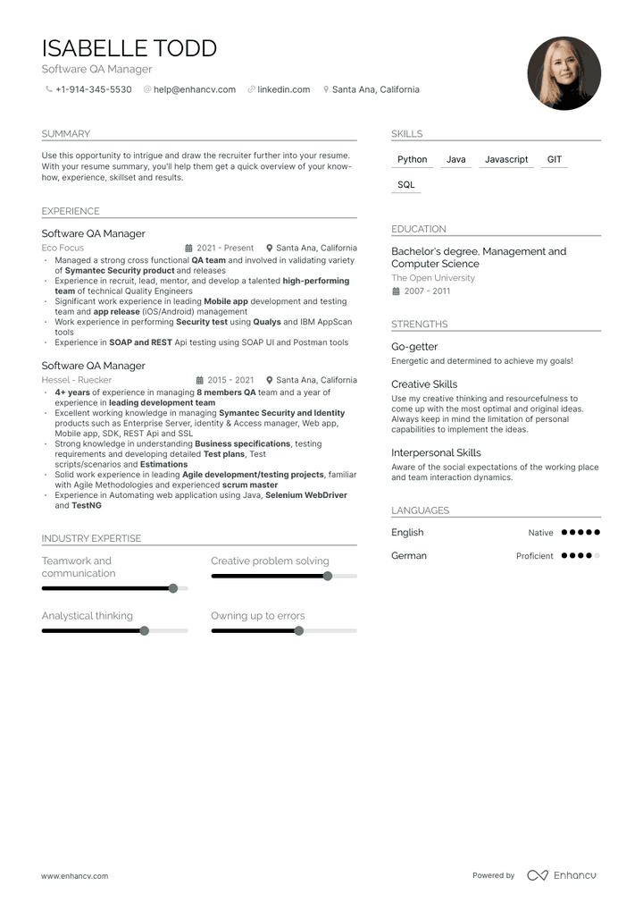 software qa manager resume example