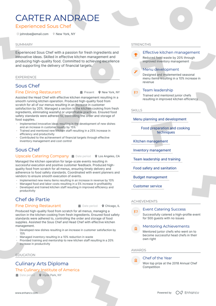 sous chef resume example