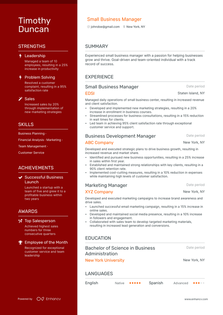 small business manager resume example