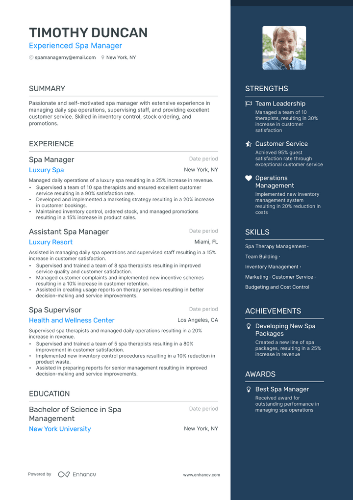 spa manager resume example