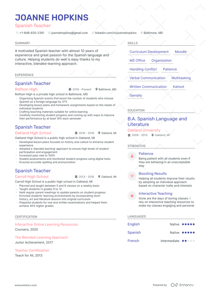 spanish teacher resume example