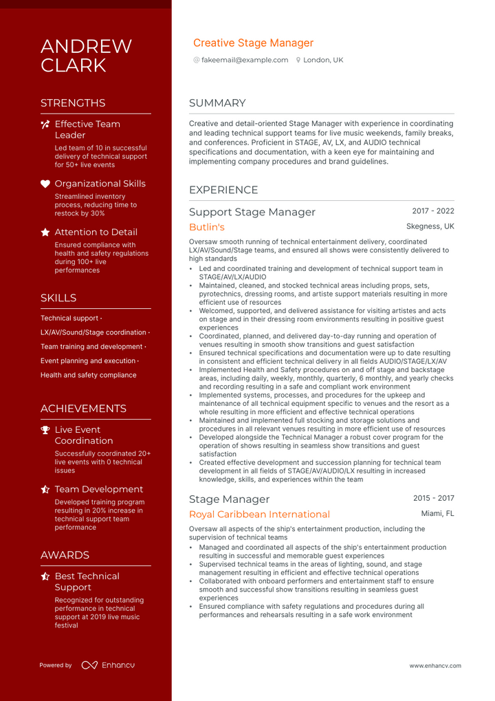 stage manager resume example