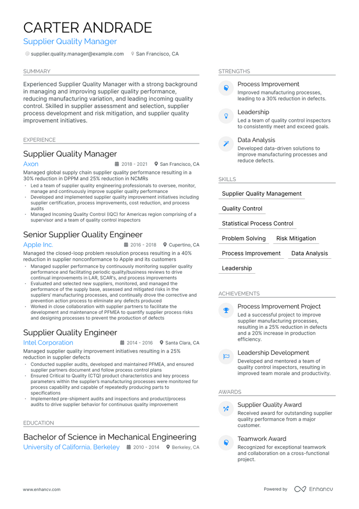 supplier quality manager resume example