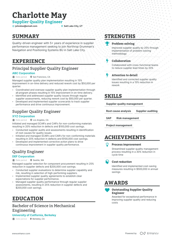 supplier quality engineer resume example