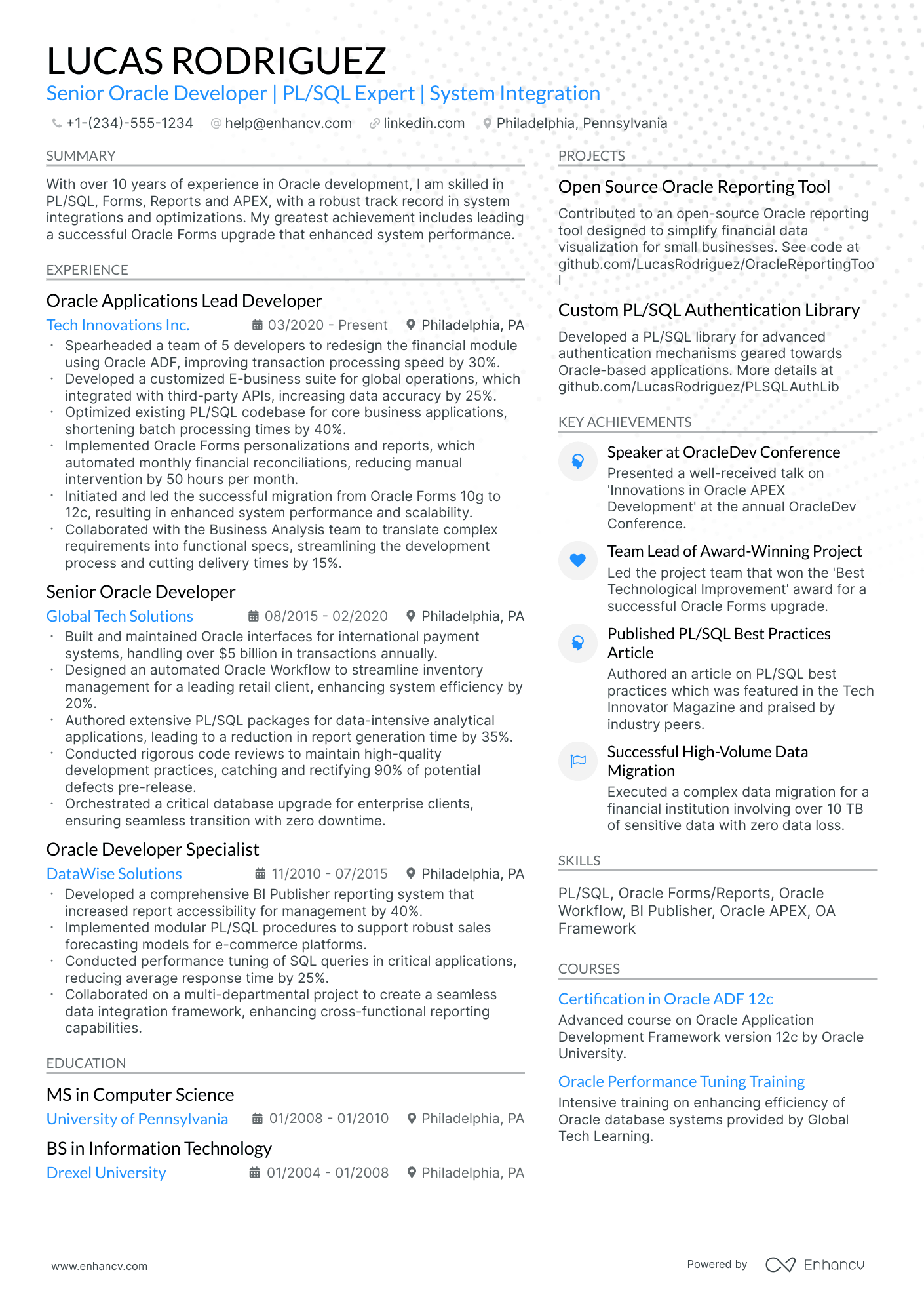 10 Senior Oracle Developer Resume Examples & Guide for 2025