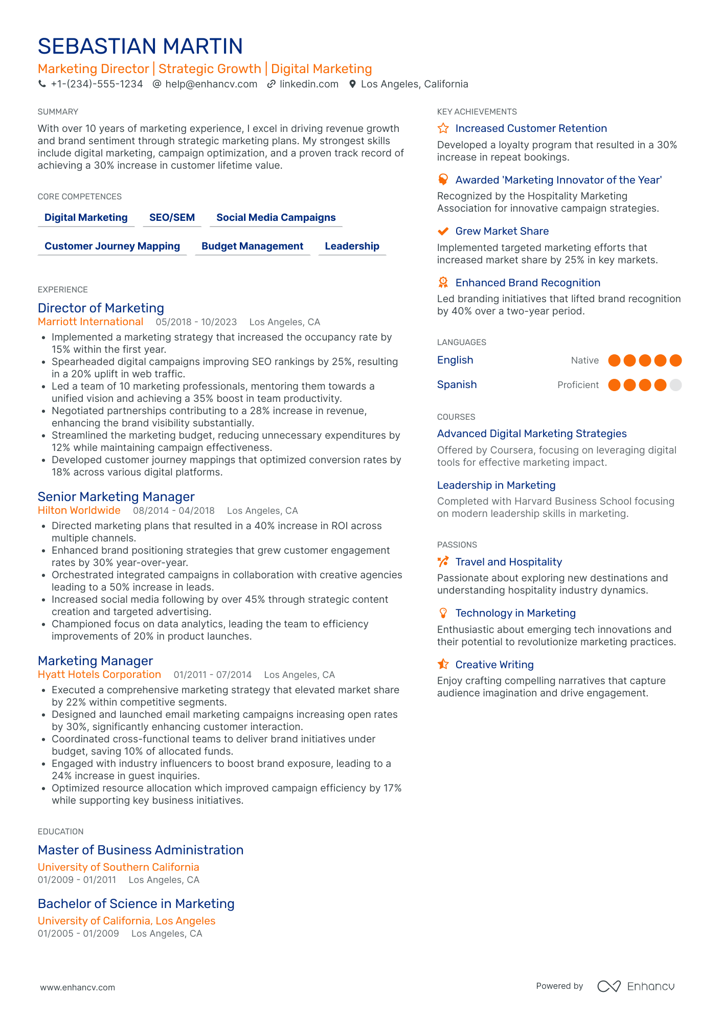 Chief Marketing Officer in Hospitality Resume Example