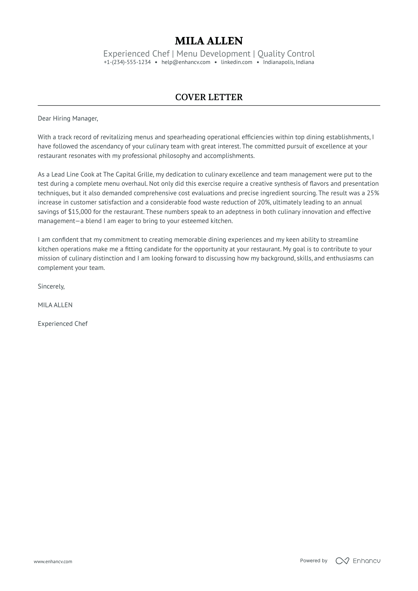 9 Professional Chef Cover Letter Examples and Template for 2026 | Enhancv