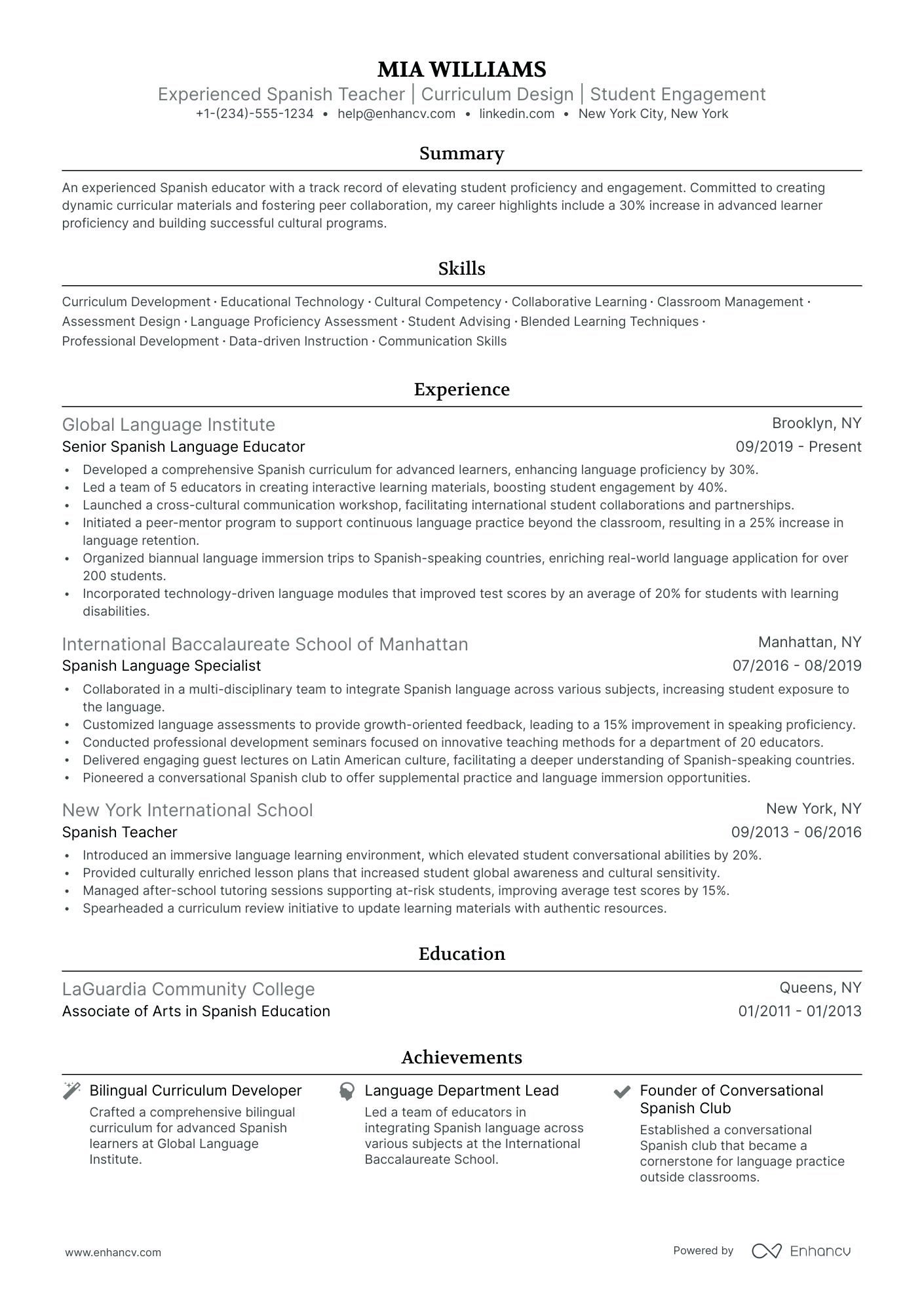 5 Spanish Teacher Resume Examples & Guide for 2024