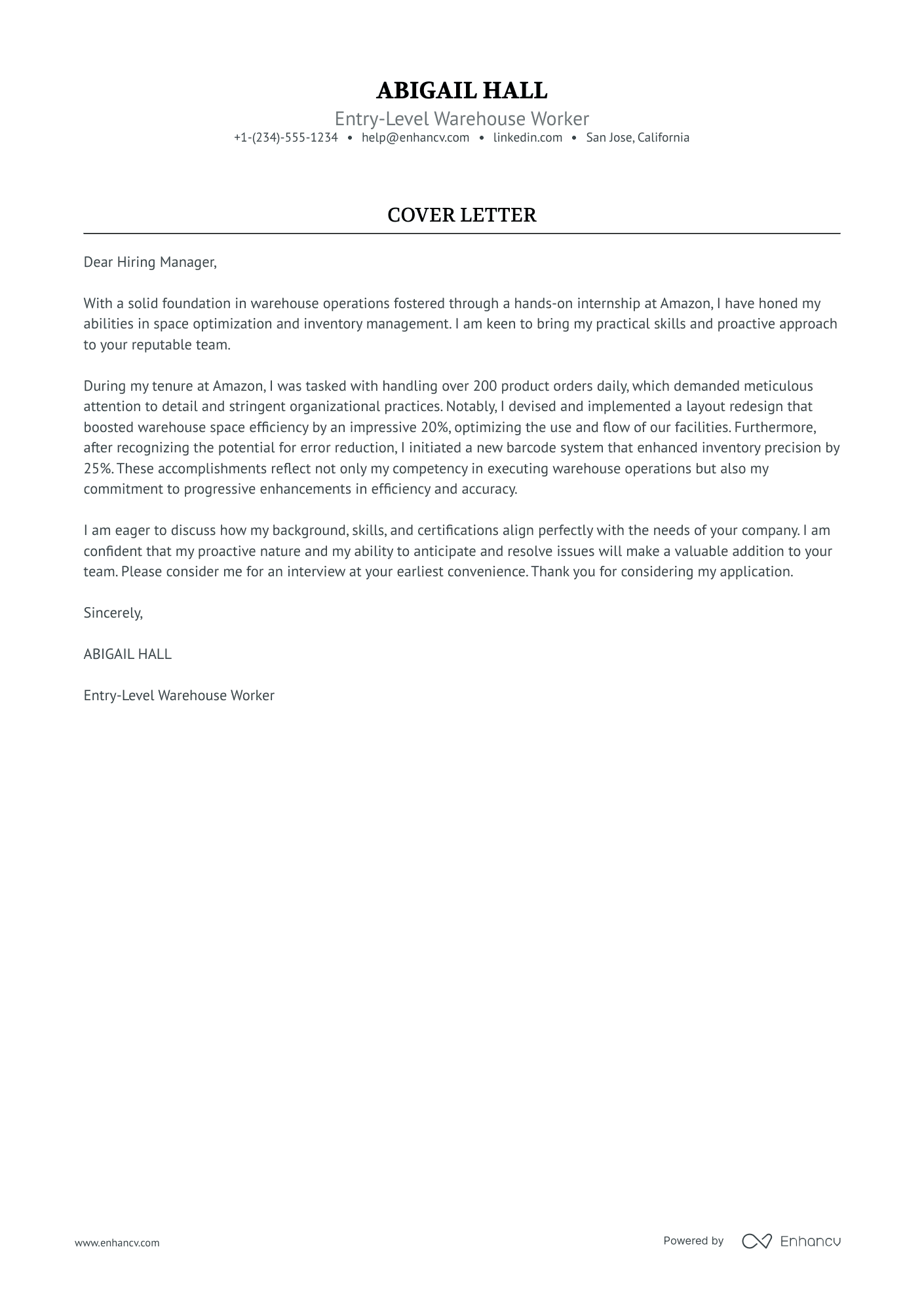 Warehouse Worker Cover Letter Examples That Get You Hired | Enhancv