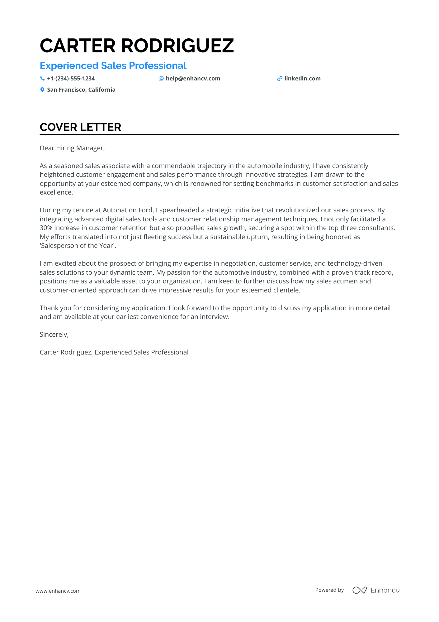 5 Professional Car Salesman Cover Letter Examples and Template for 2024