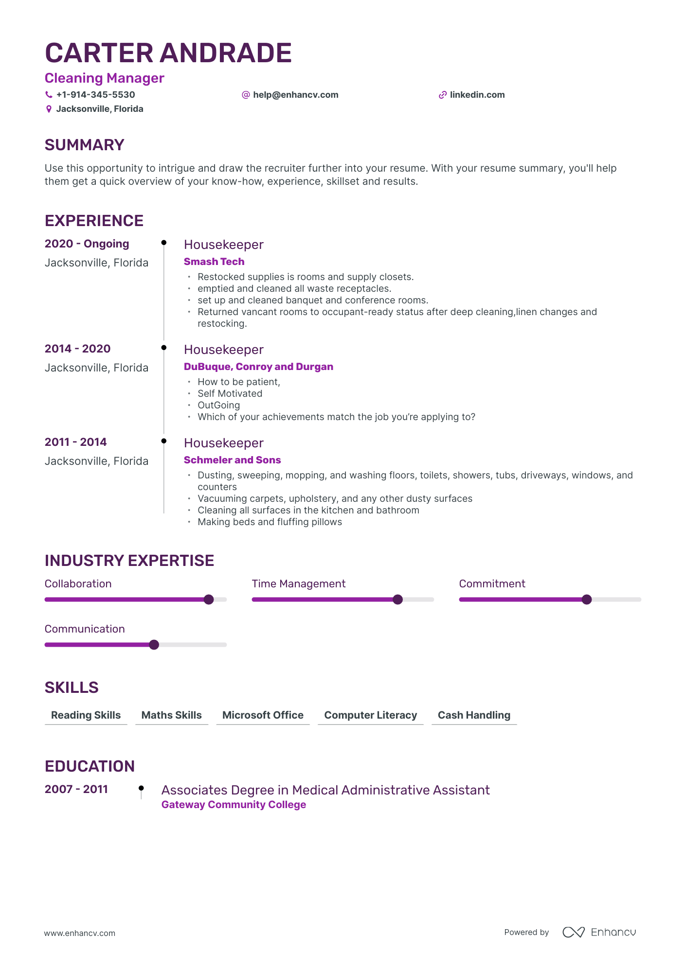 Cleaning Manager Resume Examples & Guide for 2023 (Layout, Skills ...