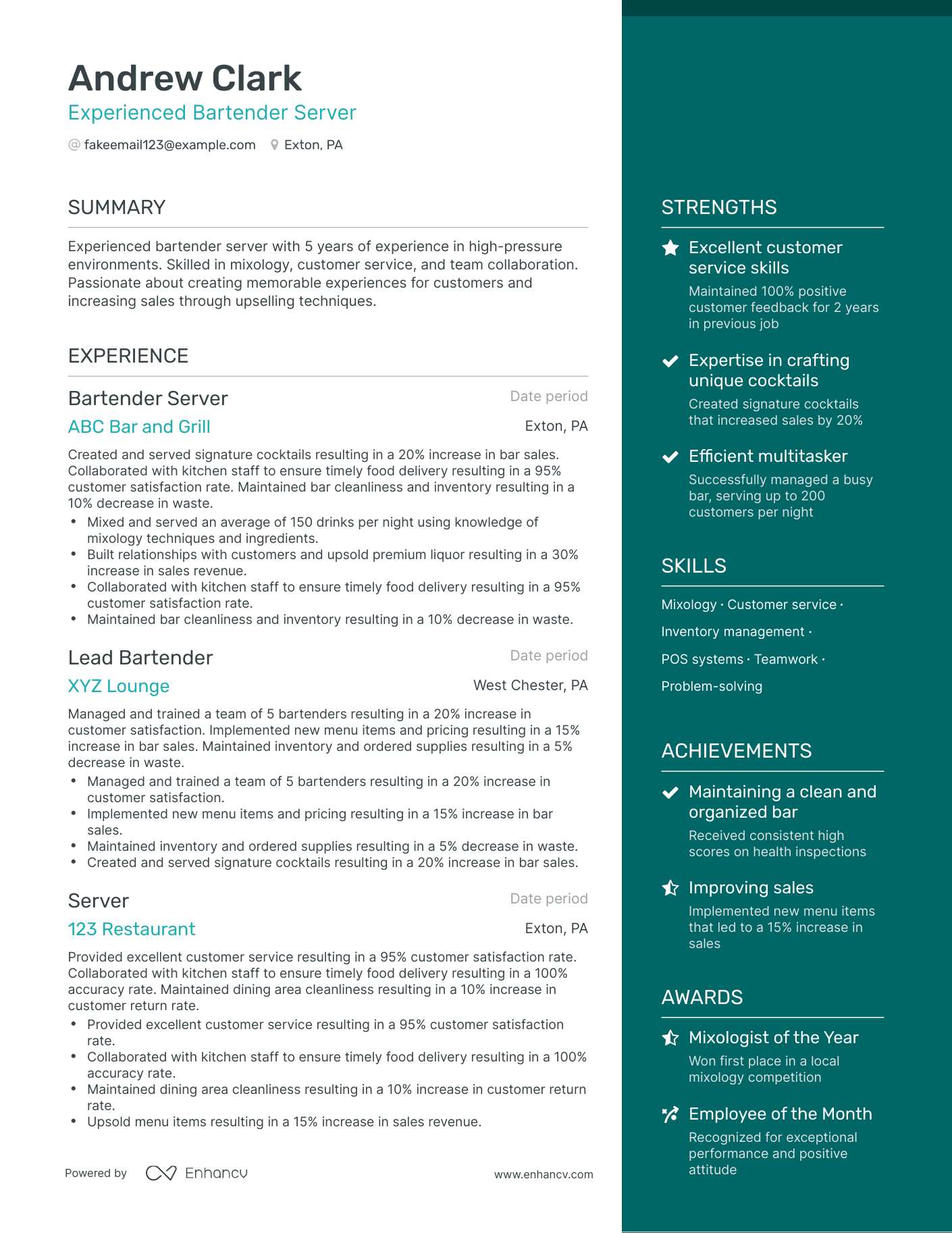 resume examples bartender server