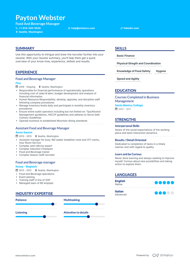 Food And Beverage Manager Resume Examples & Guide for 2023 (Layout ...