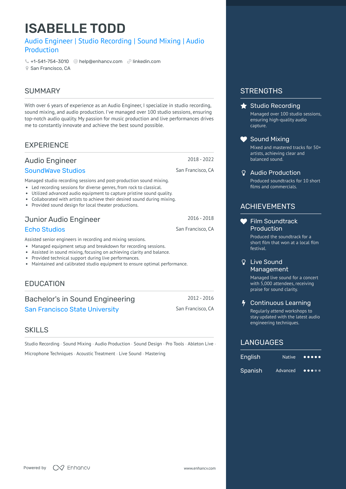 5 Audio Engineer Resume Examples & Guide for 2024