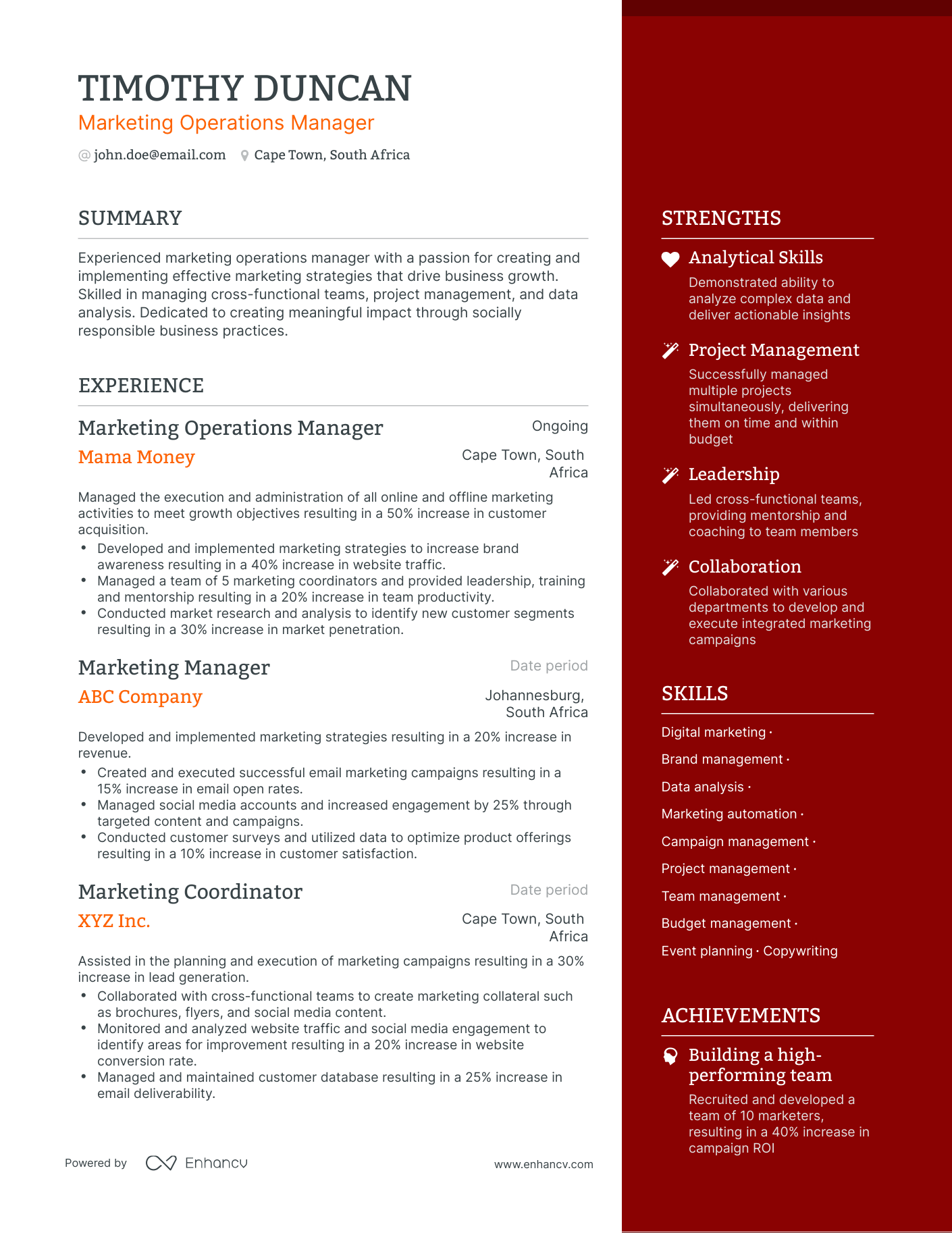 marketing operations resume examples